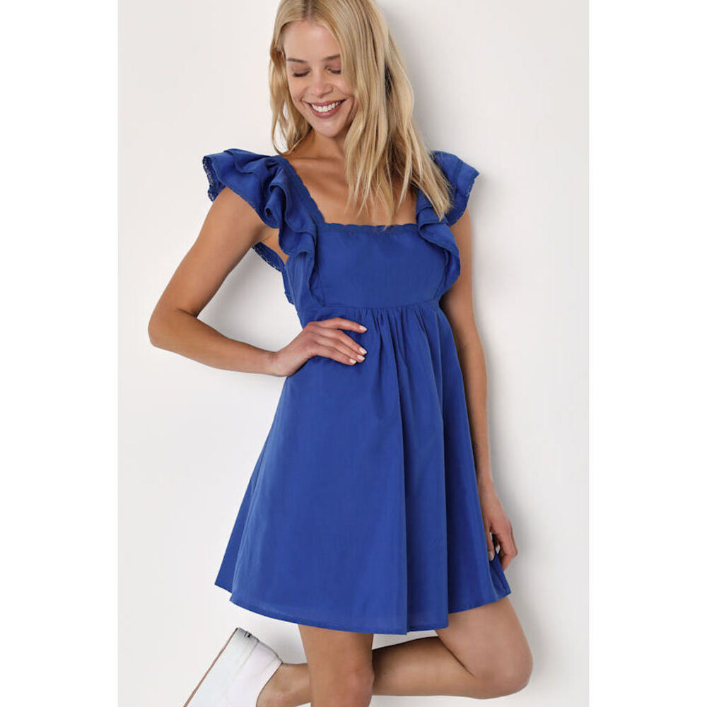 Lulus Marvelous Time Cobalt Blue Ruffled Mini Dress - Size S